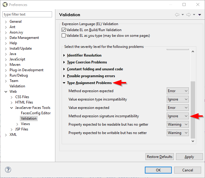 Axon.ivy Designer Preferences Validation Type Assignment Problems